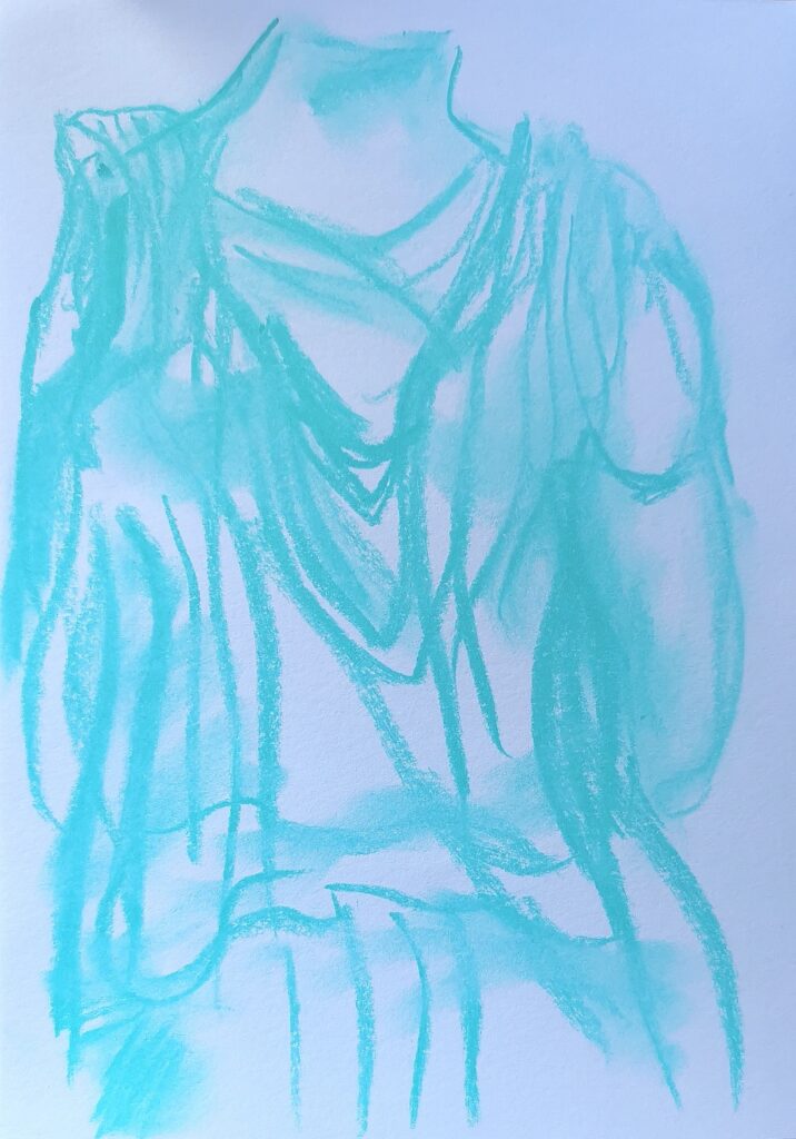 Turquoise Chalk Drawing of Athena, the Acropolis Museum, Athens, Nov. 2019 by Mira Noltenius.