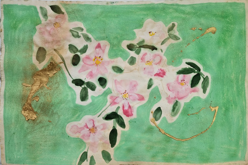 Wild Roses - Water Colour, Gouache, Pigment, Glue on Antique Watercolour Paper, by Mira Noltenius, 2023.