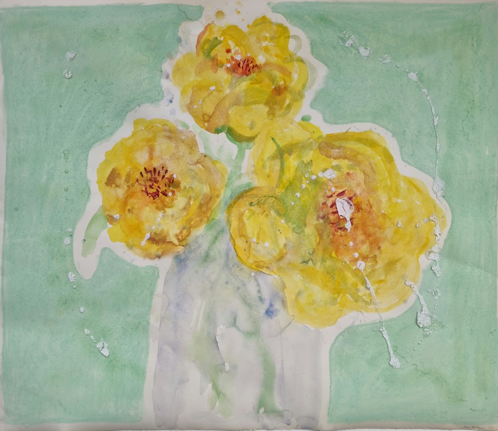 Yellow Peony - Water Colour, Gouache, Pigment, Glue on Antique Watercolour Paper, by Mira Noltenius, 2023.